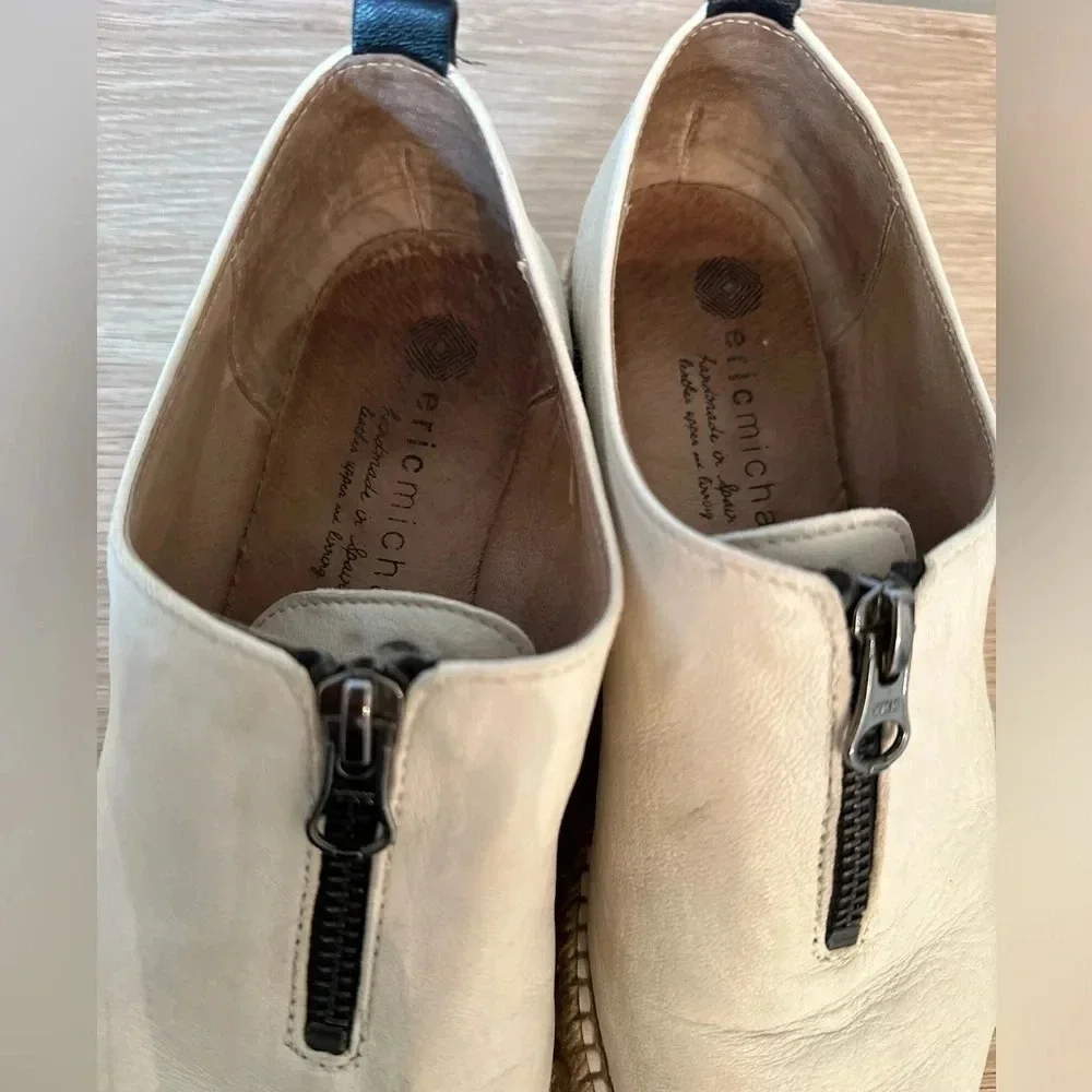 Eric Michael Beige Leather Zip Espadrille Platform Flat